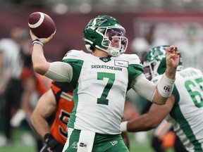 Saskatchewan Roughriders quarterback Cody Fajardo passes during the first half of a pre-season CFL football game against the B.C. Lions in Vancouver, B.C., Friday, June 3, 2022. One of the recurring narratives last season for the Roughriders was their inability to successfully throw the ball deep, with the spotlight falling on Fajardo.