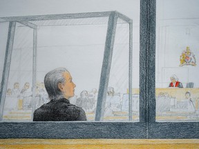 In this courtroom sketch, Aydin Coban is pictured at B.C. Supreme Court, in New Westminster, B.C., on Monday, June 6, 2022. The Dutch man accused of extorting and harassing British Columbia teenager Amanda Todd more than a decade ago has pleaded not guilty to five criminal charges.