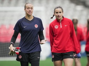 Canada women's national soccer team goalkeeper Kailen Sheridan, left, and forward Evelyne Viens leave the field after team practice ahead of two friendly matches against Nigeria in Vancouver on Thursday, April 7, 2022.