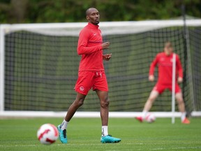 Canadian national men's soccer team midfielder Atiba Hutchinson jogs during a training session for a CONCACAF Nations League match against Curacao, in Vancouver, on Tuesday, June 7, 2022.&ampnbsp;Refusing to play a friendly game against Panama on Sunday was a decision the Canadian men's soccer team didn't take lightly, says Hutchinson.