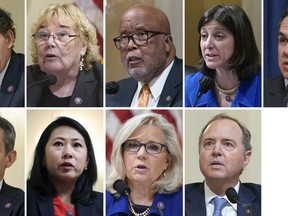 This combination of photos shows the members of the House select committee tasked with investigating the Jan. 6, attack. Top row from left, Rep. Jamie Raskin, D-Md., Rep. Zoe Lofgren, D-Calif., Chairman Rep. Bennie Thompson, D-Miss., Rep. Elaine Luria, D-Va., and Rep. Pete Aguilar, D-Calif. Bottom row from left, Rep. Adam Kinzinger, R-Ill., Rep. Stephanie Murphy, D-Fla., Rep. Liz Cheney, R-Wyo., and Rep. Adam Schiff, D-Calif. (AP Photo)