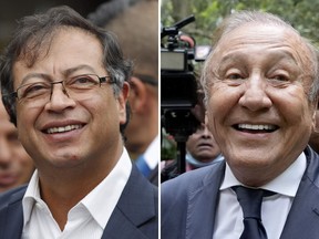 FILES - This combination of photos shows Colombian presidential candidates: Gustavo Petro, left, on June 17, 2018; and Rodolfo Hernandez, on June 2, 2022, in Bogota, Colombia. Polls show Petro and Hernandez, both former mayors, practically tied since advancing to the June 19th presidential runoff following the first-round election in which they beat four other candidates.