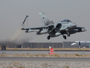 A Tornado from RAF Marham's 31 Squadron takes off from Kandahar airfield, completing the Squadron's final deployment to Afghanistan on November 11, 2014 in Kandahar, Afghanistan.