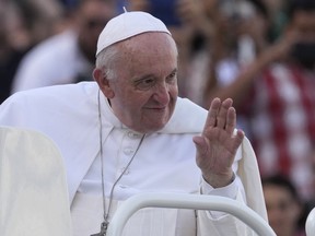 Pope Francis waves as he arrives in St. Peter's Square at the Vatican for the participants into the World Meeting of Families in Rome, Saturday, June 25, 2022. Pope Francis is scheduled to visit Canada July 24-29, travelling to Alberta, Quebec and Nunavut.