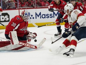 Washington Capitals goaltender Ilya Samsonov (30) blocks a shot by Florida Panthers right wing Patric Hornqvist (70) during the second period of Game 6 in the first round of the NHL Stanley Cup hockey playoffs, Friday, May 13, 2022, in Washington.