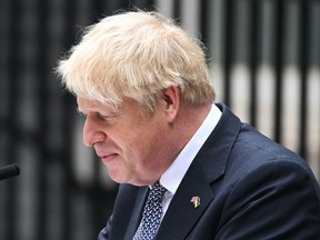 Prime Minister Boris Johnson addresses the nation as he announces his resignation outside 10 Downing Street on July 7, 2022 in London, England. (Photo by Leon Neal/Getty Images)