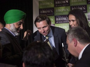 Brampton Mayor Patrick Brown greets supporters after winning the Brampton Mayoral Election during a campaign celebration in Brampton, Ont., Monday, Oct. 22, 2018.