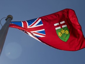 Ontario's provincial flag flies in Ottawa, Monday, July 6, 2020.&ampnbsp;Bargaining talks have begun between the government of Ontario and a major education union.THE&ampnbsp;CANADIAN PRESS/Adrian Wyld