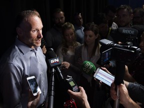 Mark Shapiro, president of the Toronto Blue Jays, speaks to the media during the end-of-the-season press conference in Toronto on Tuesday, October 1, 2019.
