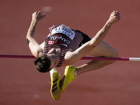 Django Lovett, of Canada, competes during in the men's high jump final at the World Athletics Championships in Eugene, Ore., Monday, July 18, 2022.
