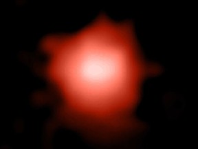 This updated image courtesy of the Niels Bohr Institute, University of Copenhagen shows a Webb Space Telescope image of the oldest galaxy ever observed by nearly 100 million years, called GLASS-z13.
