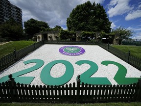 A display for the 2022 Wimbledon tennis championships within the grounds of the All England Tennis club at Wimbledon in London on June 26, 2022.
