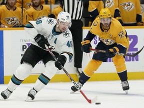 San Jose Sharks' Tomas Hertl (48) moves the puck ahead of Nashville Predators' Roman Josi (59) in the first period of an NHL hockey game on April 12, 2022, in Nashville, Tenn. The NHL has announced its 2022-23 schedule, with the Predators and Sharks kicking off the season Oct. 7 at O2 Arena in Prague, Czech Republic.