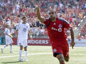 Toronto FC's Dwayne DeRosario celebrates scoring his side's goal against DC United during first half MLS action in Toronto on Saturday August 15, 2009.