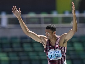 Pierce Lepage, of Canada, competes in the decathlon pole vault at the World Athletics Championships on Sunday, July 24, 2022, in Eugene, Ore.