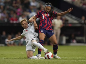 Canada's Rebecca Quinn, left, and United States' Sophia Smith fight for the ball during the CONCACAF Women's Championship final soccer match in Monterrey, Mexico, Monday, July 18, 2022.