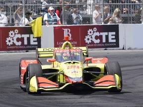 Andretti Steinbrenner Autosport driver Devlin DeFrancesco (29) of Canada competes during an IndyCar auto race at the Grand Prix of Long Beach on Sunday, April 10, 2022, in Long Beach, Calif.