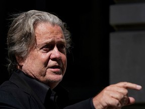 Steve Bannon, talk show host and former White House advisor to former U.S. President Donald Trump, speaks to reporters before entering U.S. District Court in Washington, U.S., June 15, 2022.