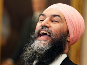 NDP Leader Jagmeet Singh speaks in reaction following the release of the federal budget, on Parliament Hill, in Ottawa, Thursday, April 7, 2022. THE CANADIAN PRESS/Sean