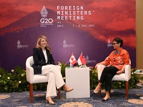 Canada's Minister of Foreign Affairs Melanie Joly meets her Indonesian counterpart Retno Marsudi during their bilateral meeting ahead of the G20 Foreign Ministers' Meeting in Nusa Dua, Bali, Indonesia, Thursday, July 7, 2022. Sigid Kurniawan/Pool via REUTERS