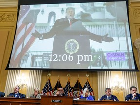 Former U.S president Donald Trump is seen on video during a hearing of the U.S. House Select Committee investigating the Jan. 6, 2021, attack on the U.S. Capitol, in Washington on June 9, 2022.