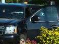 A vehicle with bullet holes visible on the windshield is seen after authorities alerted residents of multiple shootings targeting transient victims in the Vancouver suburb of Langley, British Columbia, Canada July 25, 2022.