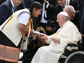 Pope Francis speaks with Cree Nation Grand Chief Mandy Gull-Masty in Quebec City on July 27, 2022.
