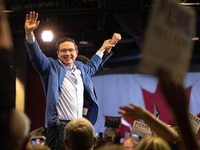 Conservative leadership candidate Pierre Poilievre greets supporters at a rally in Saskatoon on May 31, 2022.