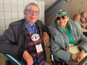 Wallace Manyfingers and sister Doreen Rabbit, before Pope Francis was to deliver Mass in Edmonton on Tuesday, July 26, 2022.