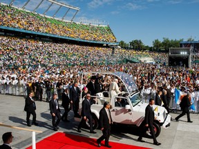 Pope Francis arrives at Commonwealth Stadium to give an open-air mass on July 26, 2022 in Edmonton, Canada.