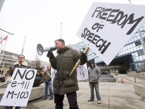 Event organizer Stephen Garvey speaks during his anti-Motion 103 rally outside of City Hall in Calgary, Alta., on Saturday, March 4, 2017. Two opposing demonstrations were occurring simultaneously just metres from each other, one supporting Motion 103, which would deem Islamophobia a hate crime, and the other opposing it, saying it would hurt freedom of speech.