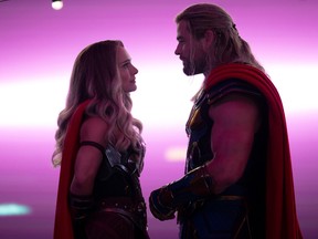 When Thor met Thor: Natalie Portman and Chris Hemsworth in Thor: Love and Thunder.