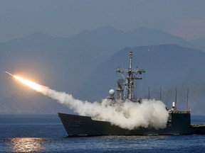 A missile is fired from ROCS Chi Kuang warship as part of Taiwan’s annual “Han Kuang” exercises on July 26, 2022. Military drills have been stepped up amid White House warnings that Beijing could move to invade the island nation.