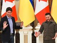 Ukrainian President Volodymyr Zelensky and Canada's Prime Minister Justin Trudeau during a joint press conference in Kyiv on May 8, 2022 amid the Russian invasion of Ukraine.