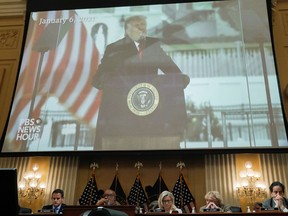 A video of former U.S President Donald Trump speaking is shown on a screen during a hearing of the U.S. House Select Committee to Investigate the January 6 riot.