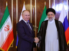 Iranian President Ebrahim Raisi meets with Russian President Vladimir Putin in Tehran, Iran, July 19, 2022. President Website/WANA (West Asia News Agency