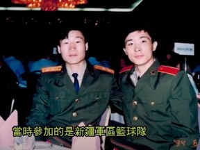 Zhu Jiang, left, one of the group's leaders as a young soldier of the People's Liberation Army.