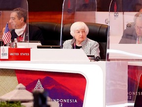 US Treasury Secretary Janet Yellen (C) attends the G20 Finance Ministers and Central Bank Governors Meeting in Nusa Dua, on Indonesia resort island of Bali, on July 15.