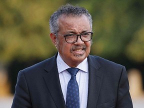 Director-General of the WHO Tedros Adhanom Ghebreyesus arrives at a state dinner upon the visit of United Arab Emirates President at the Grand Trianon estate near the Palace of Versailles, south west of Paris, on July 18, 2022.