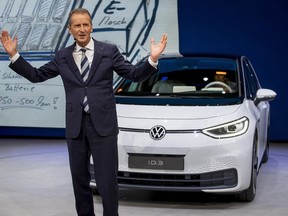 FILE - In this Monday, Sept. 9, 2019, file photo, CEO of Volkswagen Herbert Diess introduces the new VW ID.3 at the IAA Auto Show in Frankfurt, Germany. Volkswagen has announced that the CEO of the German automaker is stepping down. The company said Friday that Herbert Diess will depart as of Sept. 1 "by mutual consent" with the board. His contract was set to expire in 2025.