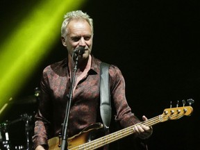 FILE - Singer Sting performs during a concert with singer Shaggy, as part of their 'The 44/876' tour in Panama City, Oct. 19, 2018. British musician Sting has interrupted a concert in Warsaw to warn his audience that democracy is under attack worldwide. He also denounced the war in Ukraine as "an absurdity based upon a lie." Sting asked a popular Polish actor to join him onstage to translate his appeal that democracy is worth fighting for despite it being messy and frustrating at times "because the alternative to democracy is a nightmare."