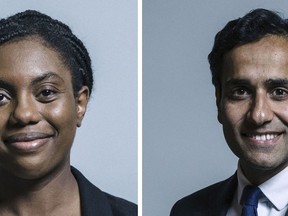 This photo combo provided by UK Parliament show Kemi Badenoch, left, formally the minister of state at the Department for Levelling Up, Housing & Communities and the former Foreign Office Minister Rehman Chishti. Candidates to replace Boris Johnson as Britain's prime minister are scattering tax-cutting promises to woo their Conservative Party electorate. Badenoch, a former banker, says she wants to lower taxes and lead a "limited government focused on essentials" Little-known junior minister Rehman Chishti became the 11th candidate to declare he wanted to succeed Johnson. (UK Parliament via AP)
