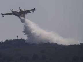 A firefighting plane drops water during fire extinguish works near Tabara, north-west Spain, Wednesday, July 20, 2022.