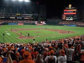 A general view of play during the ninth inning of the game between the Baltimore Orioles and the Los Angeles Angels at Oriole Park at Camden Yards.