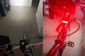 Bike lights in a dark room.