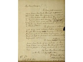 This image filed May 15, 2019 in federal court as part of a forfeiture complaint by the U.S. attorney's office in Boston, shows a 1780 letter from Alexander Hamilton to the Marquis de Lafayette, that was stolen from the Massachusetts Archives decades ago. The letter, which was returned to the state, will be put on public display at the Commonwealth Museum on July 4, 2022 for the first time since it was returned after a lengthy court battle. (U.S. Attorney's Office via AP, File)