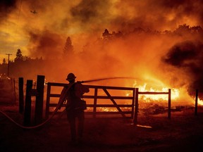 A firefighter extinguishes flames as the Oak Fire crosses Darrah Rd. in Mariposa County, Calif., on Friday, July 22, 2022. Crews were able to to stop it from reaching an adjacent home.