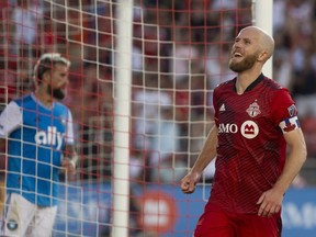 Michael Bradley (4) celebrates after scoring his team's fourth goal against Charlotte FC during first half MLS action in Toronto on Saturday July 23, 2022. The Toronto FC midfielder has been named the Major League Soccer's player of the week.