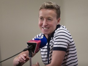 Canada women's soccer head coach Bev Priestman speaks to the media after a 0-0 tie against Korean Republic Women in an international friendly in Toronto, on June 26, 2022. A win over Panama plus a little help from Costa Rica and Canada can book its ticket to the 2023 Women's World Cup on Friday.