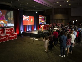 Liberal supporters wait for party Leader Steven Del Duca to take the stage on election night in Vaughan, Ont., Thursday, June 2, 2022.